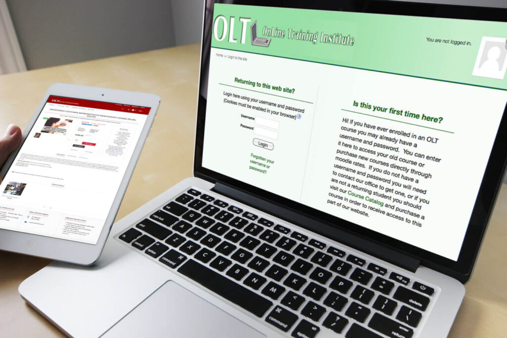 OnLine Training, Inc courses, and catalog are shown on iPad and laptop screens.
