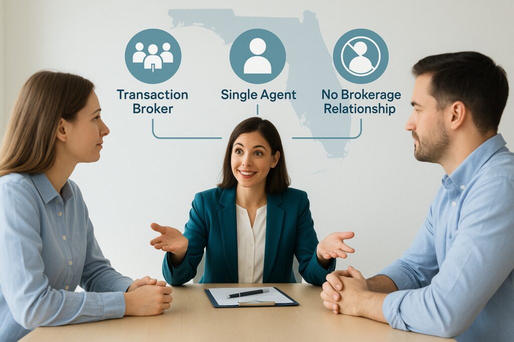 Florida real estate agent explaining transaction broker, single agent, and no brokerage relationship options to new buyers in an office setting.”