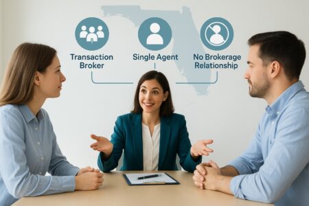Florida real estate agent explaining transaction broker, single agent, and no brokerage relationship options to new buyers in an office setting.”