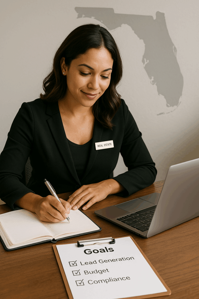 Florida real estate sales associate creating a first-year business plan with goals, budgeting, and lead generation strategies.
