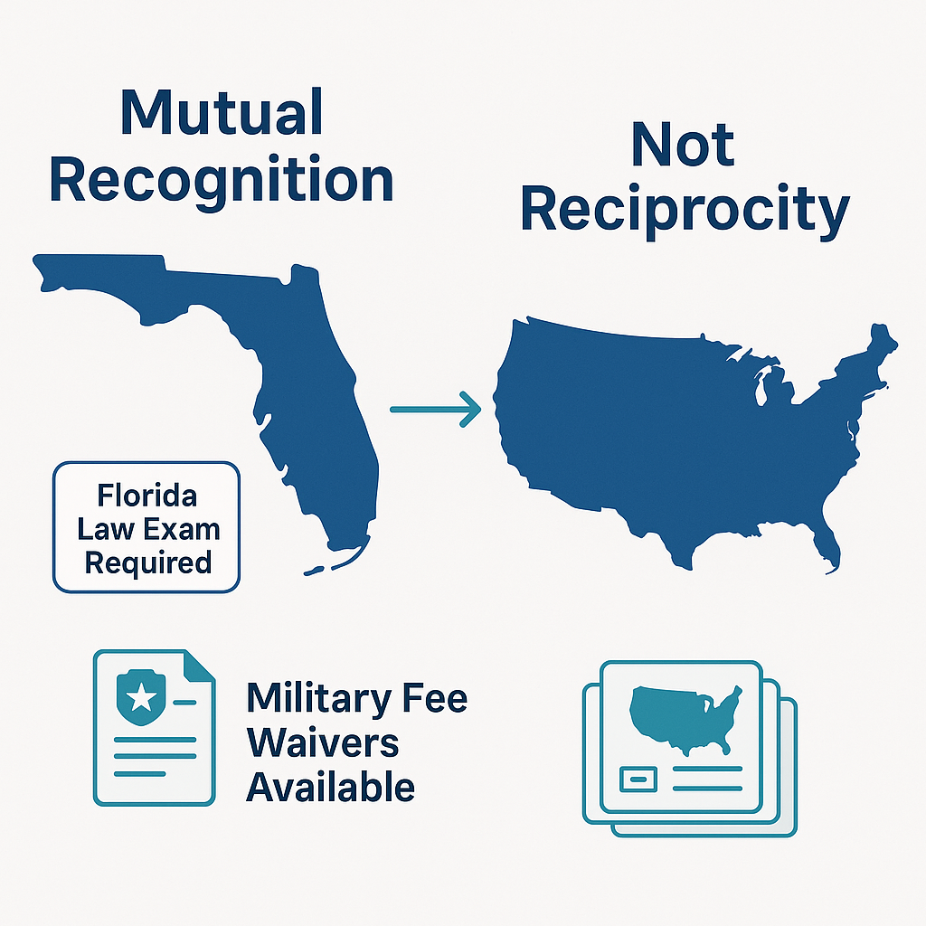 Florida real estate mutual recognition versus reciprocity explained, including West Virginia and military licensing rules.
