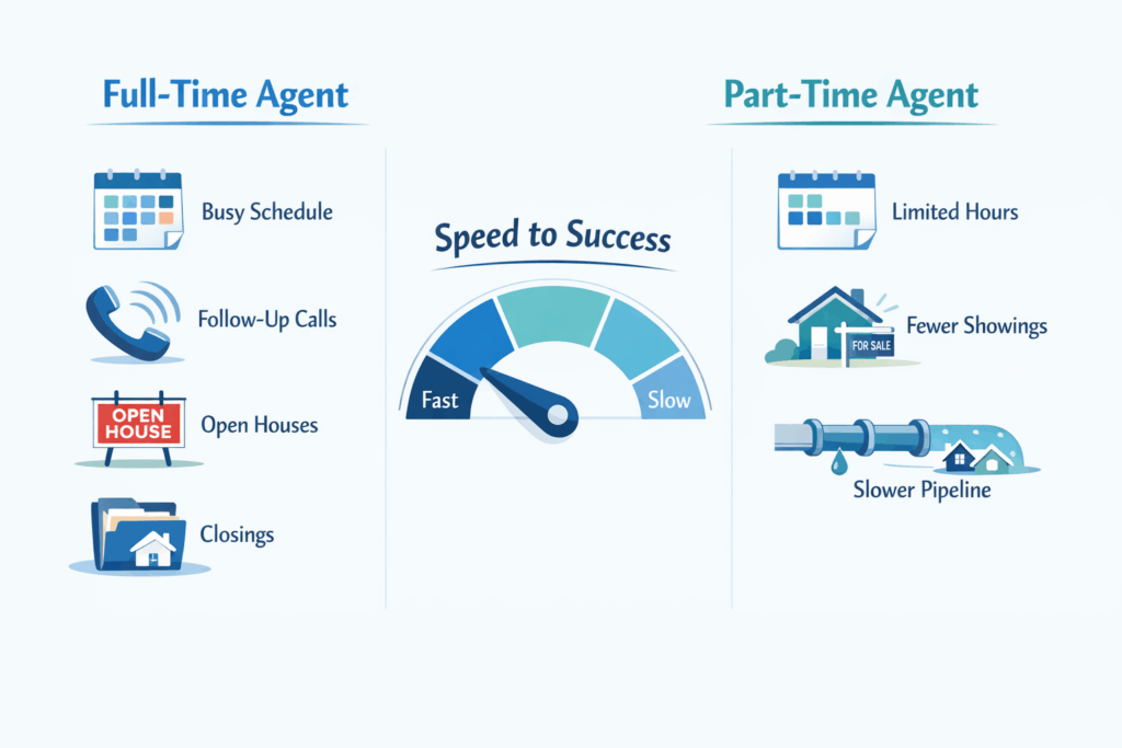 “Comparison graphic showing full-time versus part-time real estate work and which path leads to faster success for new agents.”