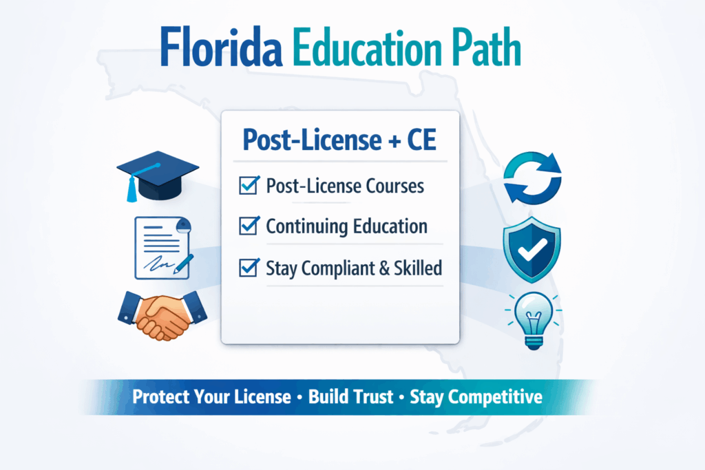 Florida real estate post-license and continuing education checklist showing compliance, skills, and license protection.