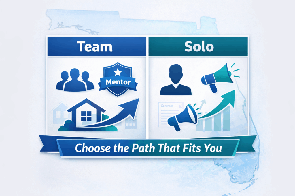 Florida real estate team vs solo comparison graphic showing training, leads, independence, and branding for new agents.