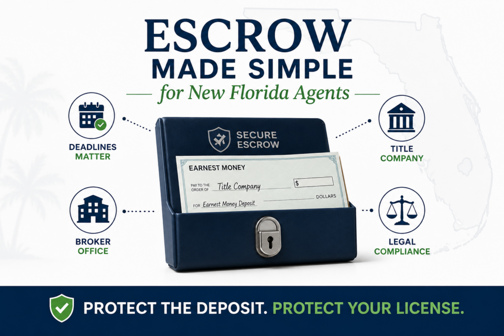 New Florida real estate sales associate learning escrow rules with deposit check, broker office, calendar deadline, and Florida outline watermark.