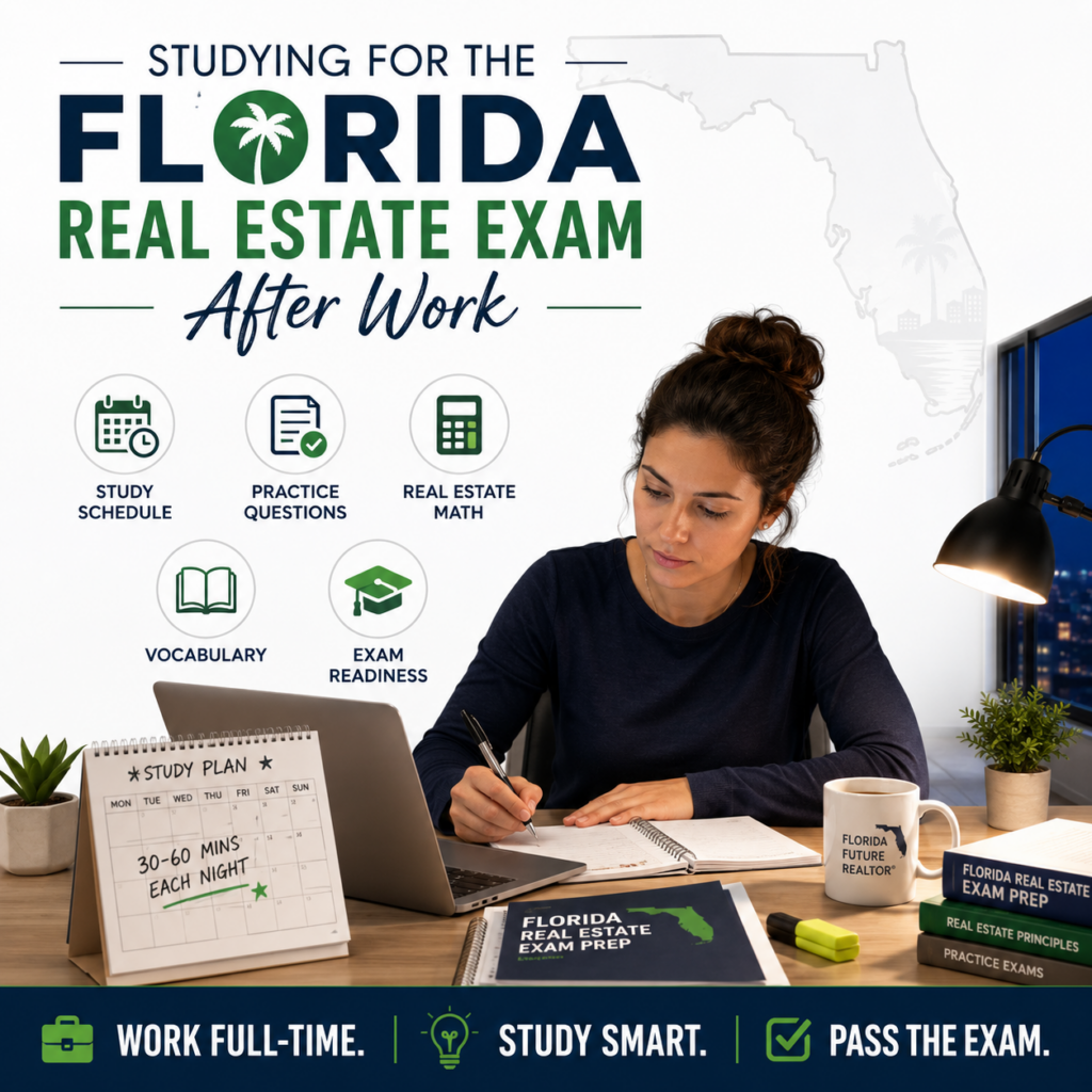 Florida real estate student studying for the state exam after work with a laptop, calendar, and exam prep materials.