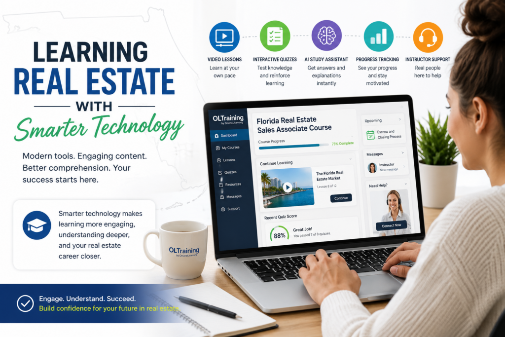 Student using modern online real estate course technology with video, quiz, progress tracking, and support icons.