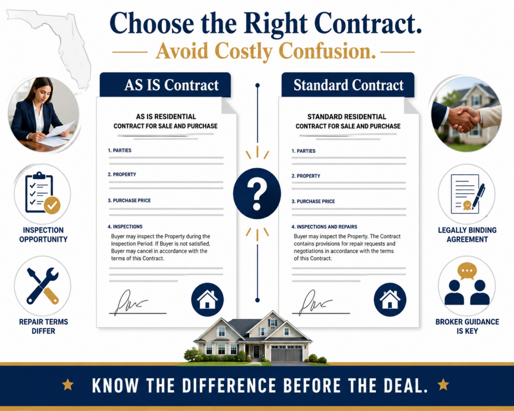 Florida real estate agent comparing AS IS and Standard residential contracts with inspection, repair, and transaction icons.