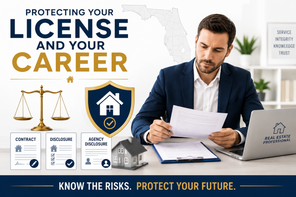 Florida real estate agent reviewing contracts with legal protection and liability concepts illustrated.Florida real estate agent can be personally sued.