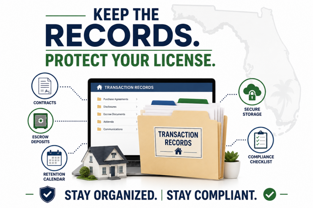 Organized Florida real estate recordkeeping files with contract, escrow, calendar, and compliance checklist icons.