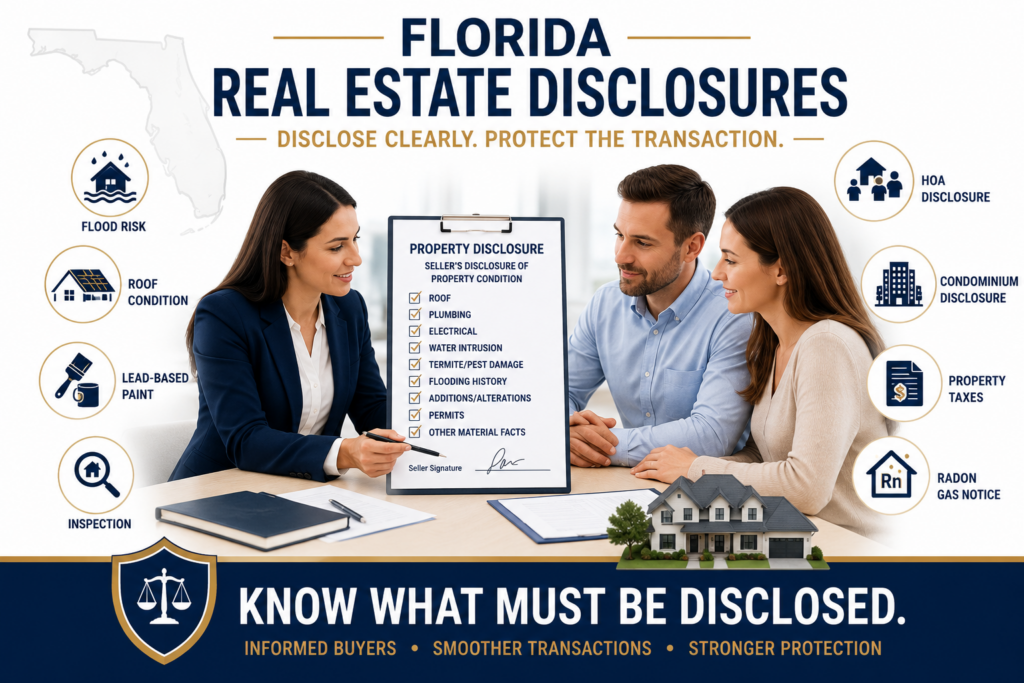 Florida real estate agent reviewing required property disclosures with buyers and sellers before a residential transaction.
