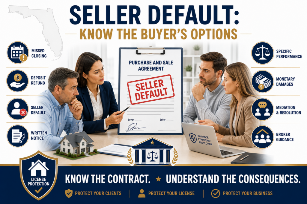 Florida real estate agent reviewing a seller contract breach with a buyer and seller, including deposit refund, damages, and specific performance options.