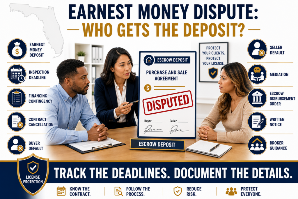 Florida real estate agent reviewing an earnest money dispute between a buyer and seller involving an escrow deposit, contract deadlines, and mediation.
