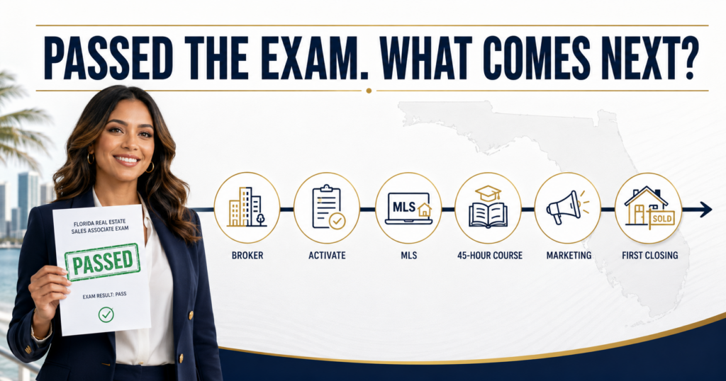 Florida real estate agent holding a passed exam result beside icons for broker selection, license activation, MLS access, post-license education, marketing, and a first closing.