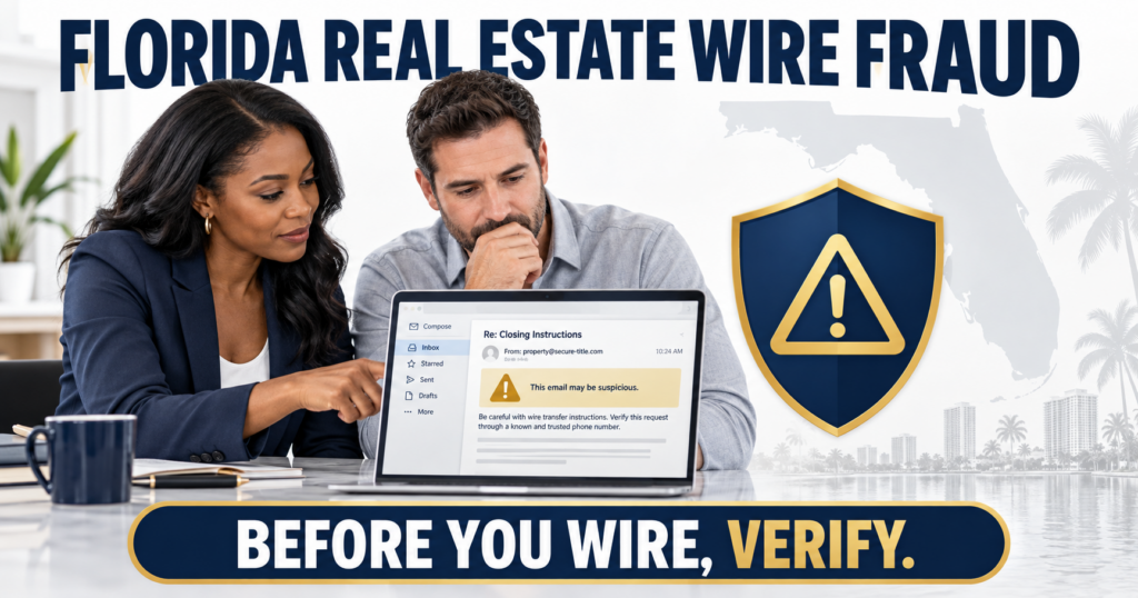 Florida real estate agent and buyer reviewing a suspicious closing email beside a shield and warning symbol.