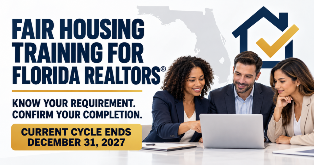 Florida real estate professionals reviewing a fair housing training checklist beside a laptop, Florida outline, and December 31, 2027 cycle deadline.