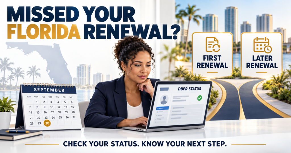 Florida real estate licensee reviewing renewal status after the September 30 deadline, with first-renewal and later-renewal paths shown.